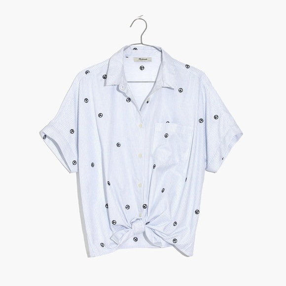 Madewell Peace Sign Embroidered Blue Stripe Short Sleeve Tie Front Top Blouse M - Picture 1 of 7